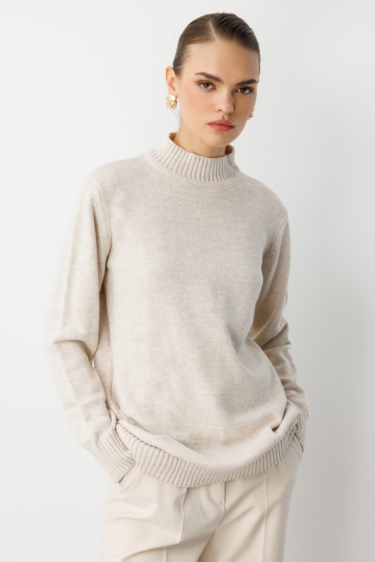 Mizalle Basic Yarım Balıkçı Taş Rengi Triko Kazak - Mizalle