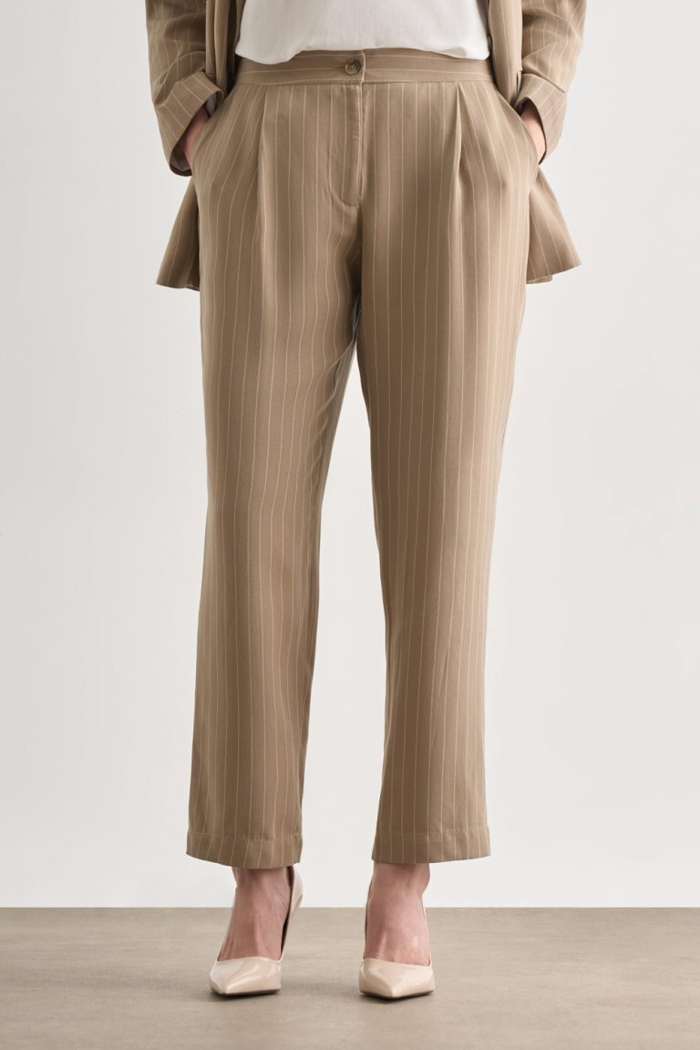 Mizalle Bej Rengi İnce Çizgili Tek Pile Klasik Pantolon - Mizalle