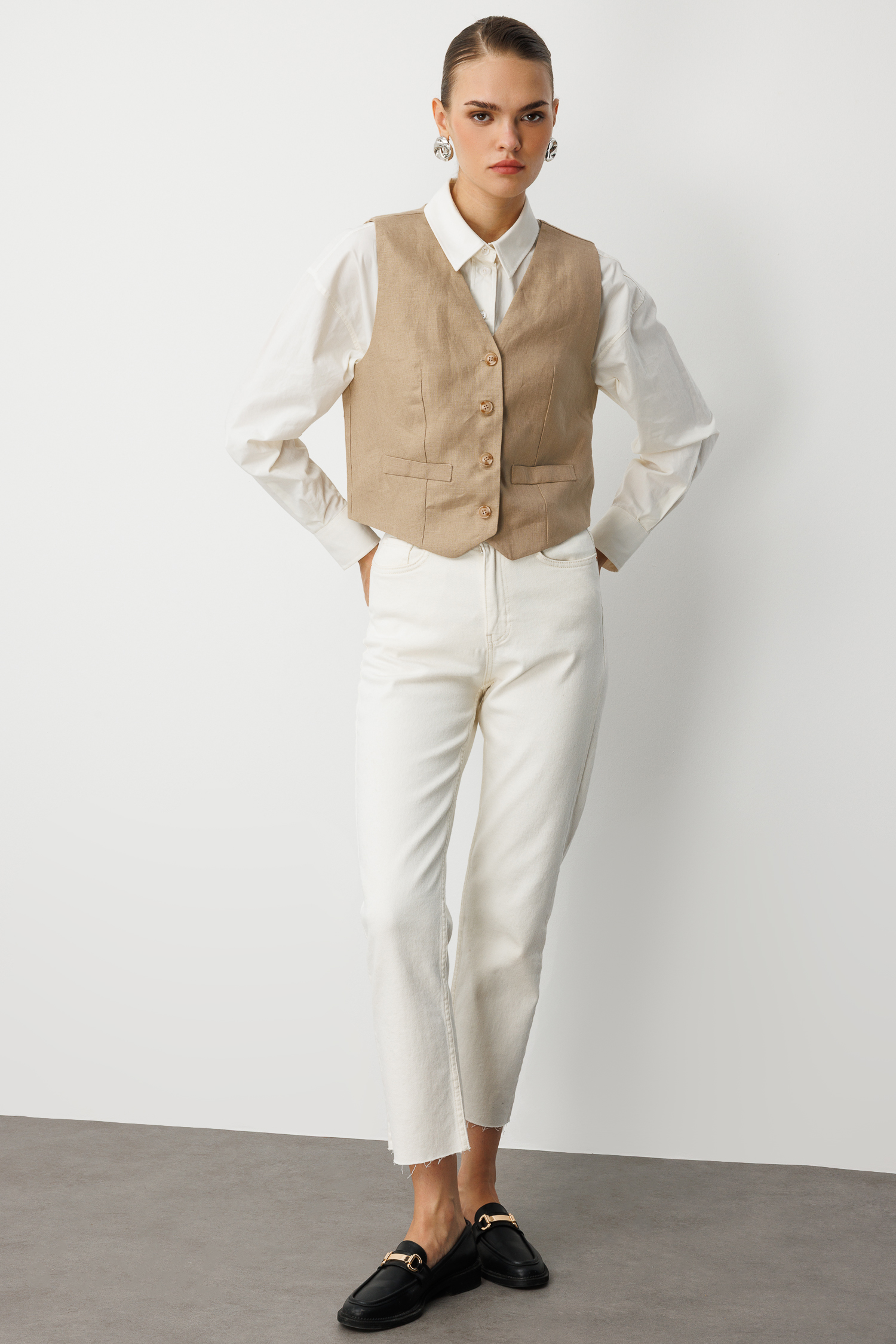 Mizalle Bej Rengi Saf Keten Yelek - Mizalle