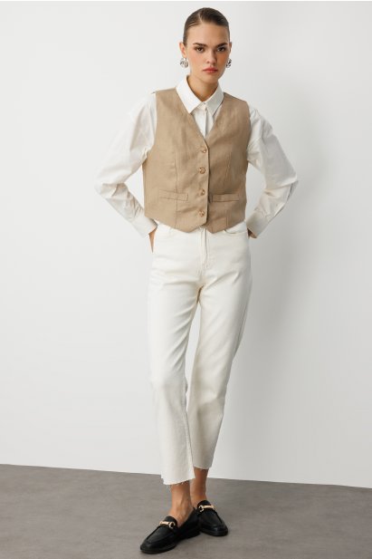 Mizalle Bej Rengi Saf Keten Yelek - Mizalle