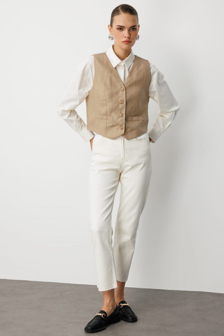 Mizalle Bej Rengi Saf Keten Yelek - Mizalle