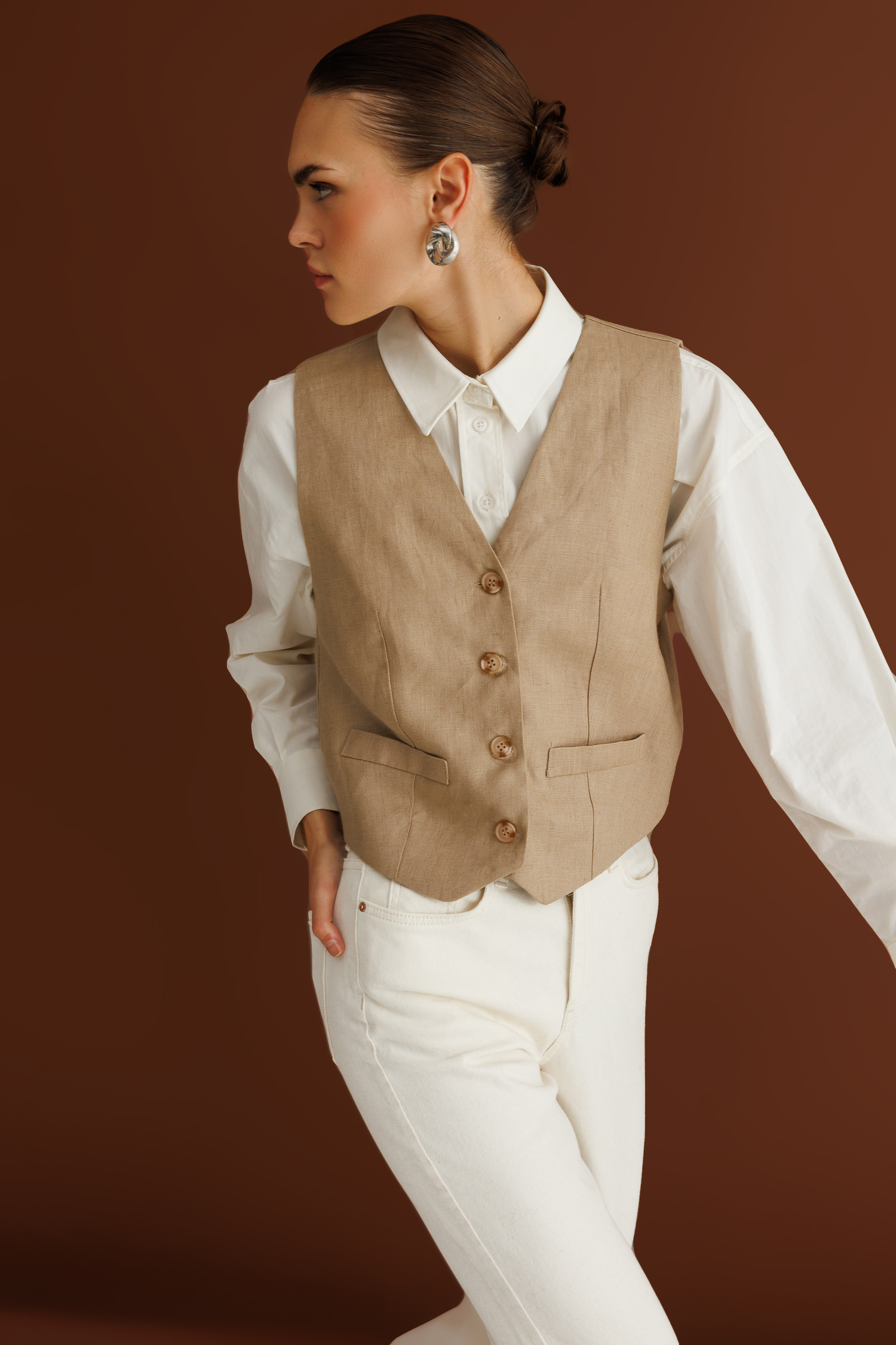 Mizalle Bej Rengi Saf Keten Yelek - Mizalle