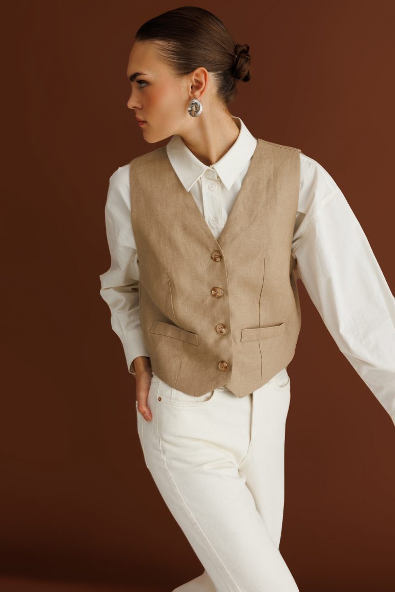 Mizalle Bej Rengi Saf Keten Yelek - Mizalle