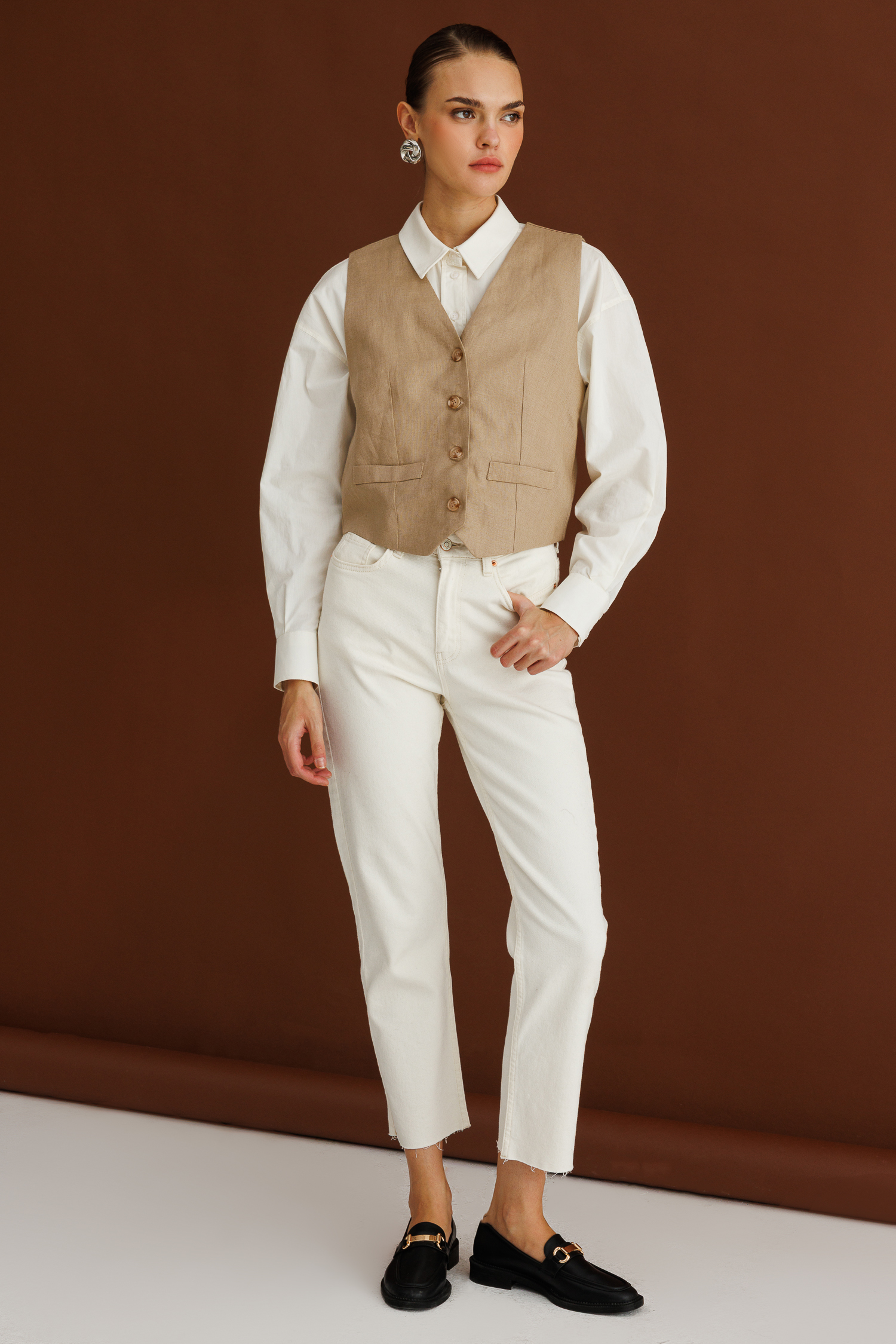 Mizalle Bej Rengi Saf Keten Yelek - Mizalle