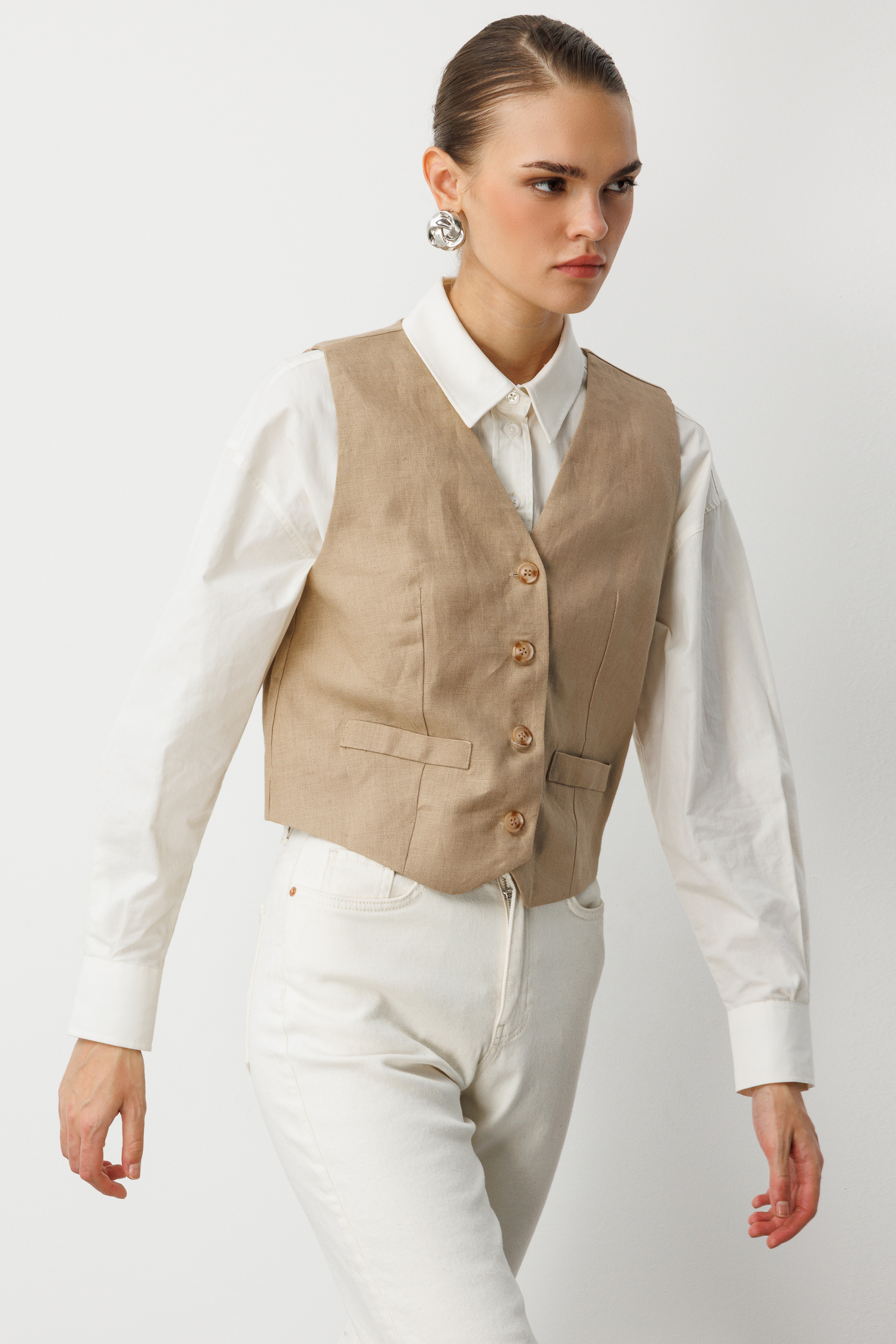 Mizalle Bej Rengi Saf Keten Yelek - Mizalle