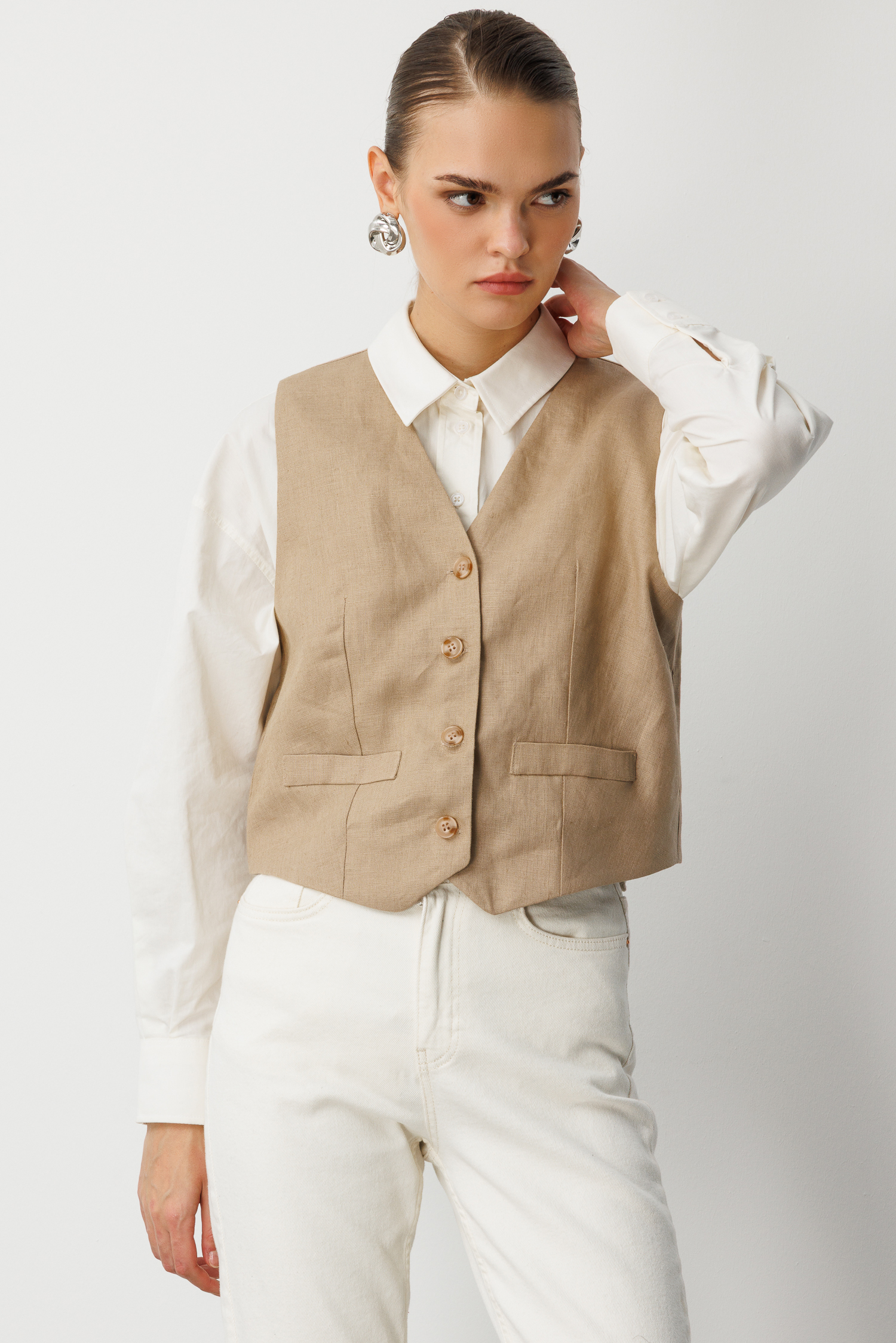 Mizalle Bej Rengi Saf Keten Yelek - Mizalle