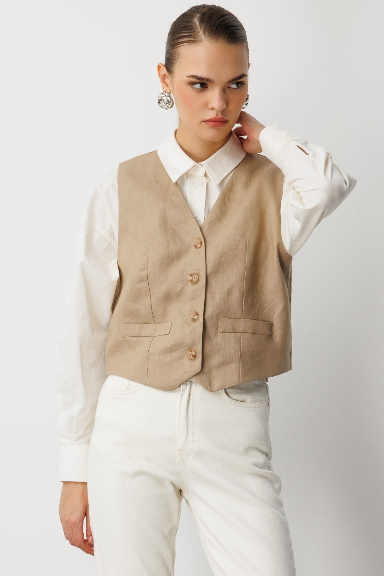 Mizalle Bej Rengi Saf Keten Yelek - Mizalle