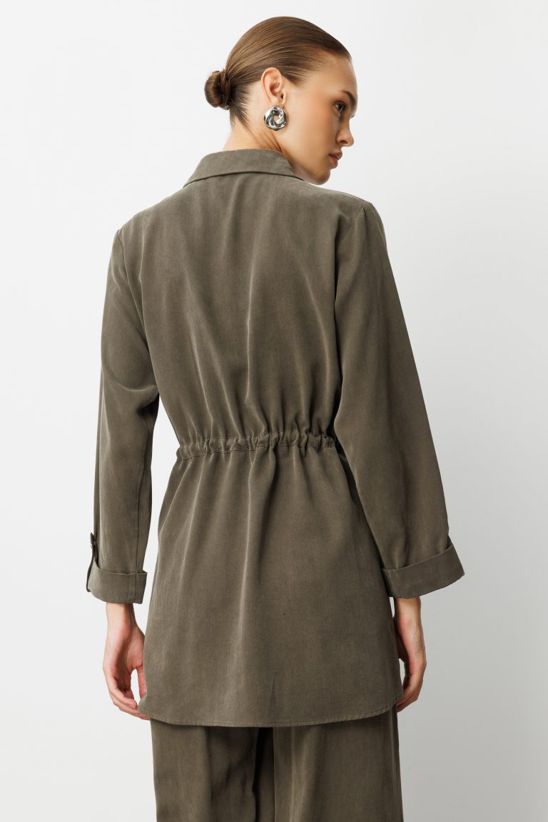 Mizalle Beli Büzgülü Haki Cupro Tunik - Mizalle