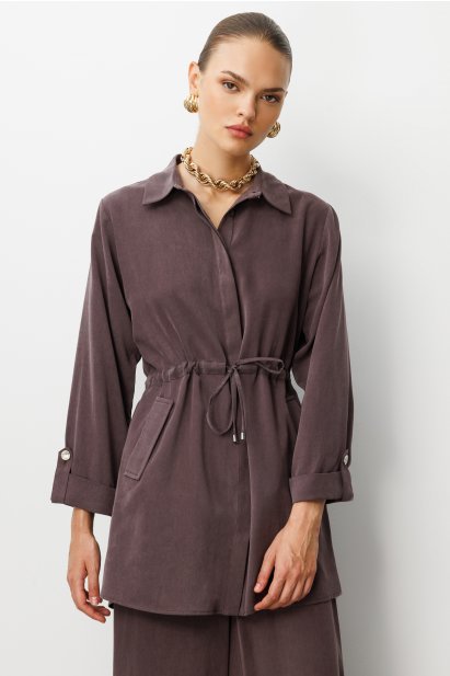 Mizalle Beli Büzgülü Kahverengi Cupro Tunik - Mizalle