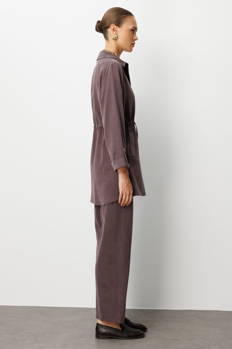 Mizalle Beli Büzgülü Kahverengi Cupro Tunik - Mizalle