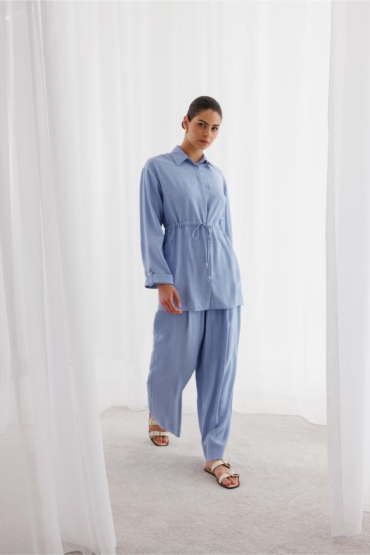 Mizalle Beli Büzgülü Modal Dokulu Mavi Tunik - Mizalle