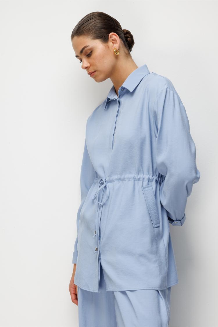 Mizalle Beli Büzgülü Modal Dokulu Mavi Tunik - Mizalle