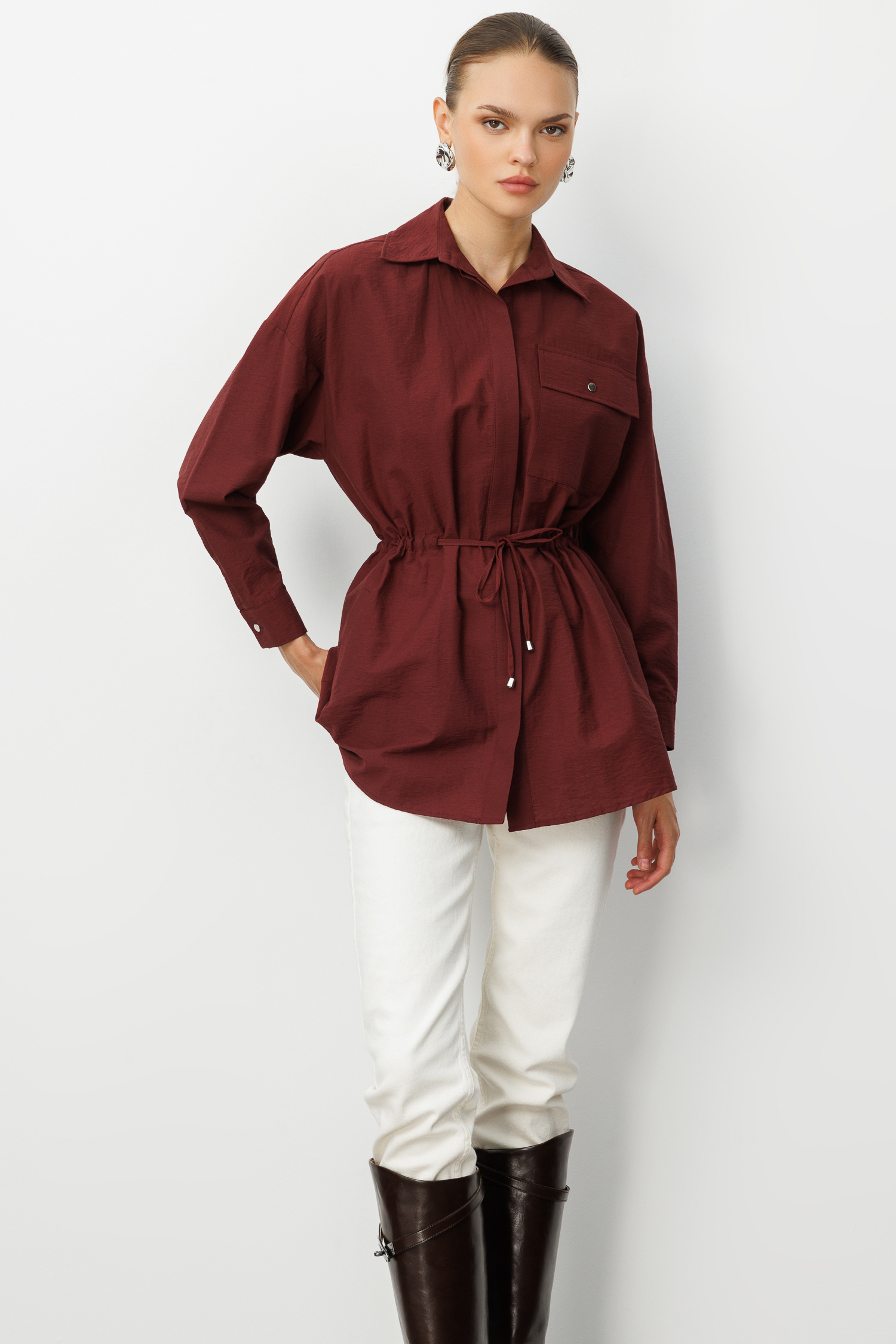 Mizalle - Mizalle Beli İp Büzgülü Bordo Paraşüt Trençkot Tunik Mizalle - Mizalle Beli İp Büzgülü Bordo Paraşüt Trençkot Tunik
