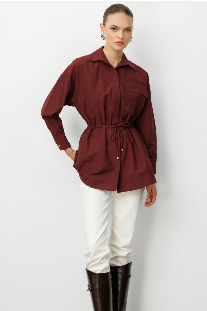 Mizalle Beli İp Büzgülü Bordo Paraşüt Trençkot Tunik - Mizalle