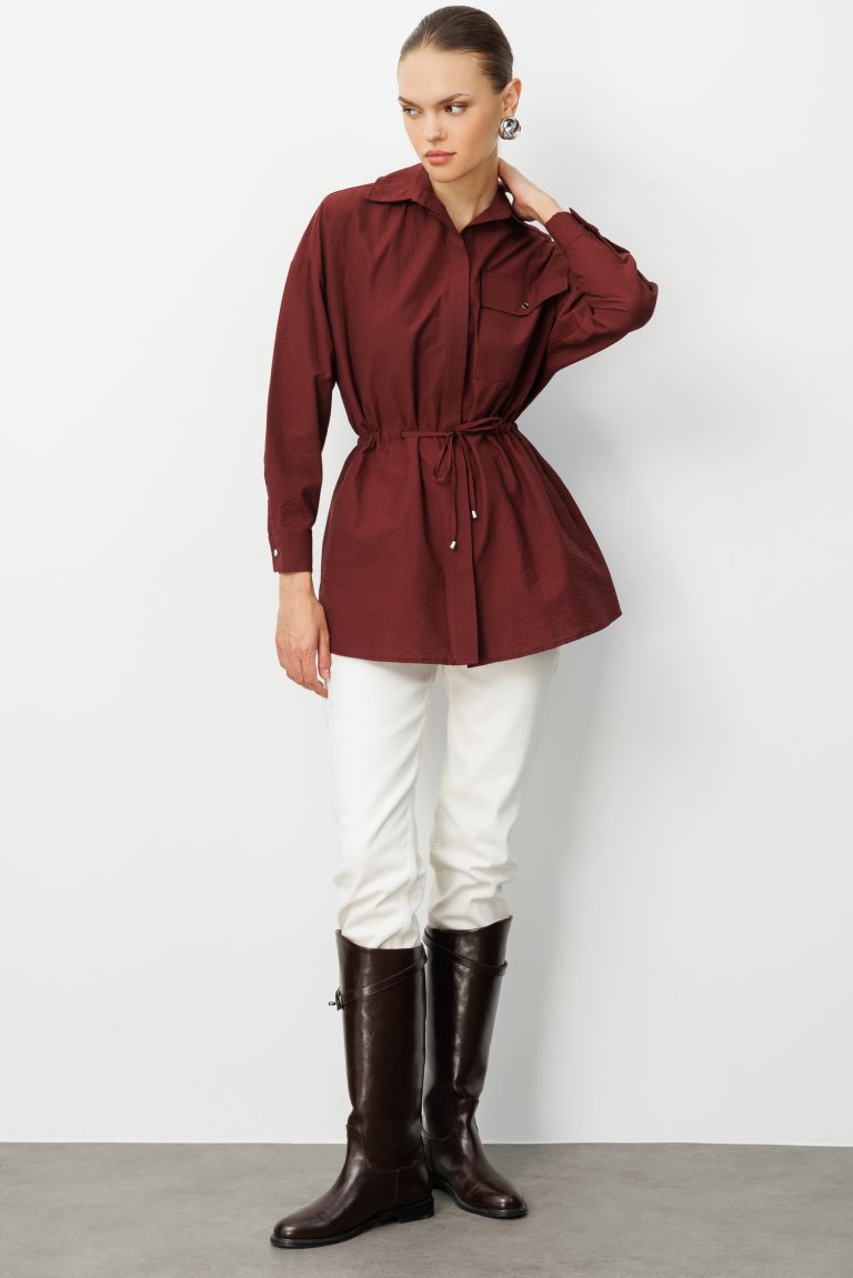 Mizalle Beli İp Büzgülü Bordo Paraşüt Trençkot Tunik - Mizalle