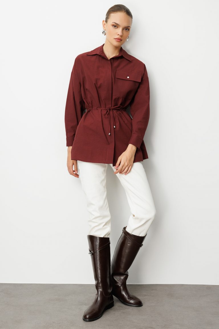 Mizalle Beli İp Büzgülü Bordo Paraşüt Trençkot Tunik - Mizalle