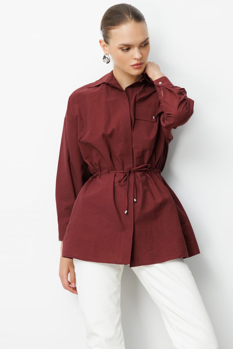 Mizalle Beli İp Büzgülü Bordo Paraşüt Trençkot Tunik - Mizalle