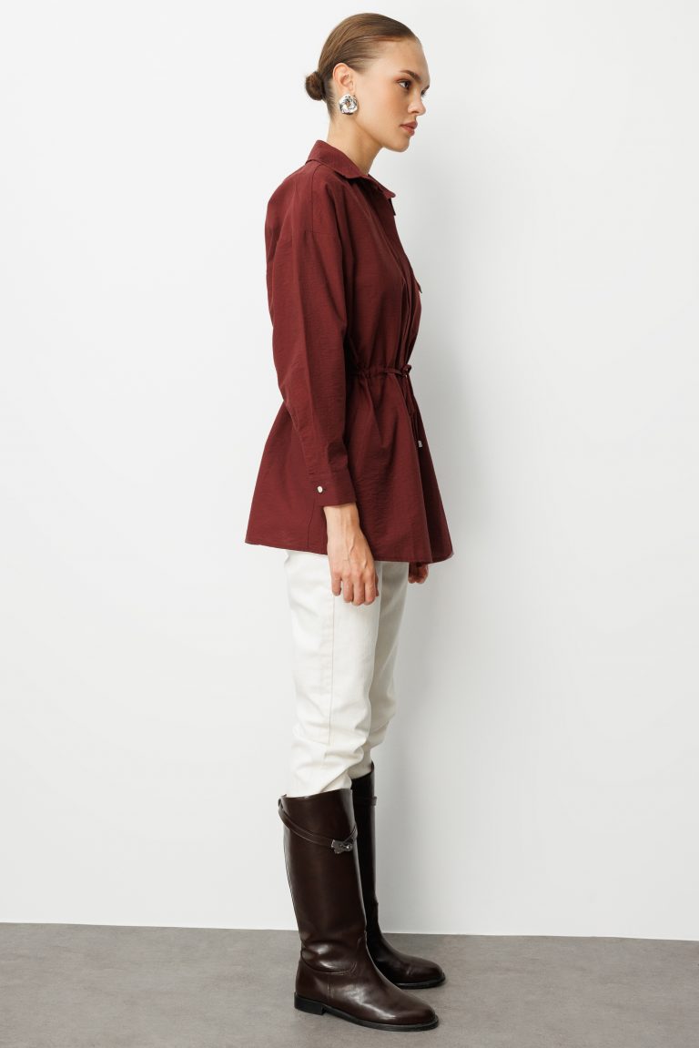 Mizalle Beli İp Büzgülü Bordo Paraşüt Trençkot Tunik - Mizalle