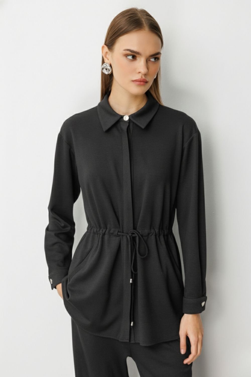 Mizalle Beli İp Büzgülü Yumuşak Dokulu Antrasit Tunik - Mizalle
