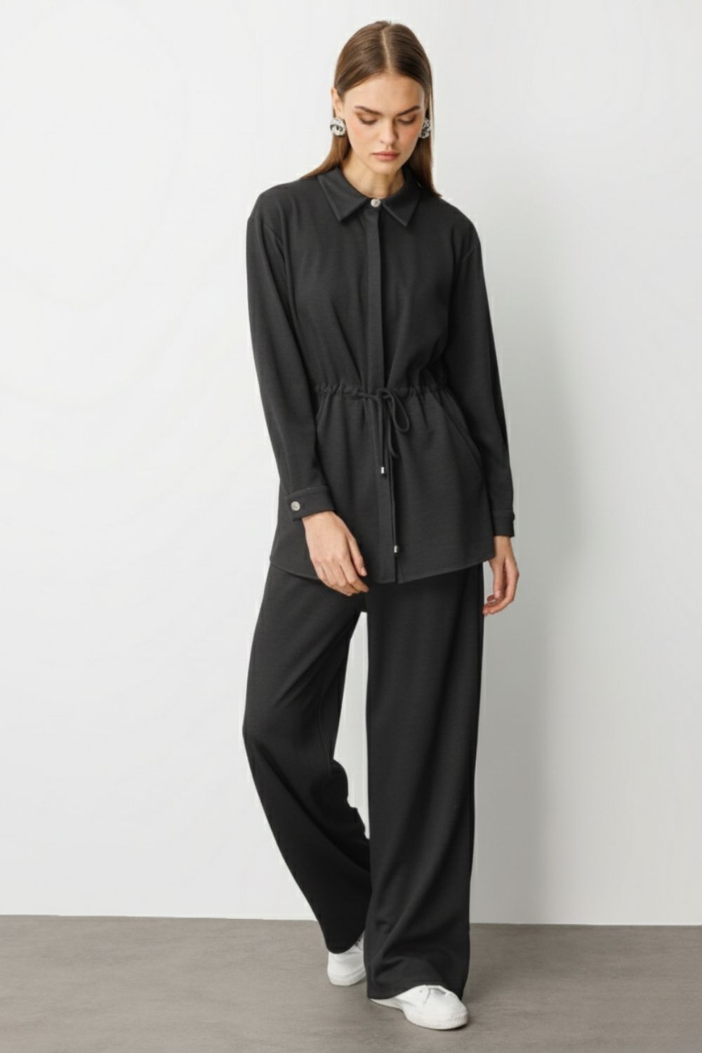 Mizalle Beli İp Büzgülü Yumuşak Dokulu Antrasit Tunik - Mizalle