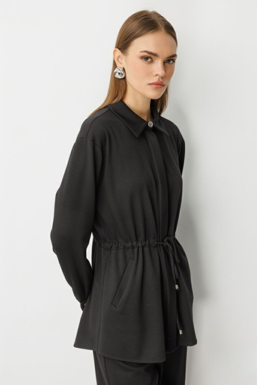 Mizalle Beli İp Büzgülü Yumuşak Dokulu Antrasit Tunik - 1