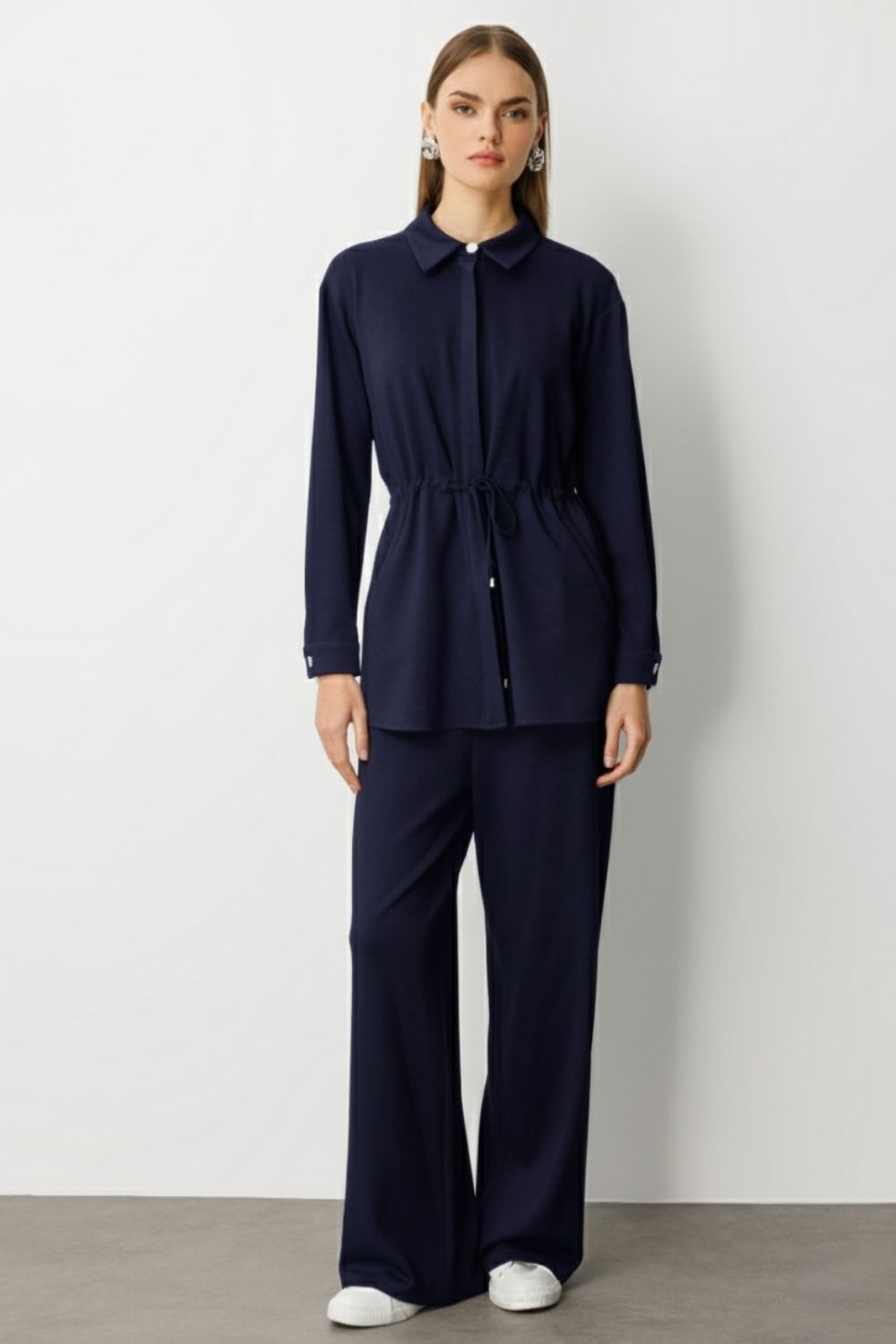 Mizalle Beli İp Büzgülü Yumuşak Dokulu İndigo Tunik - 2