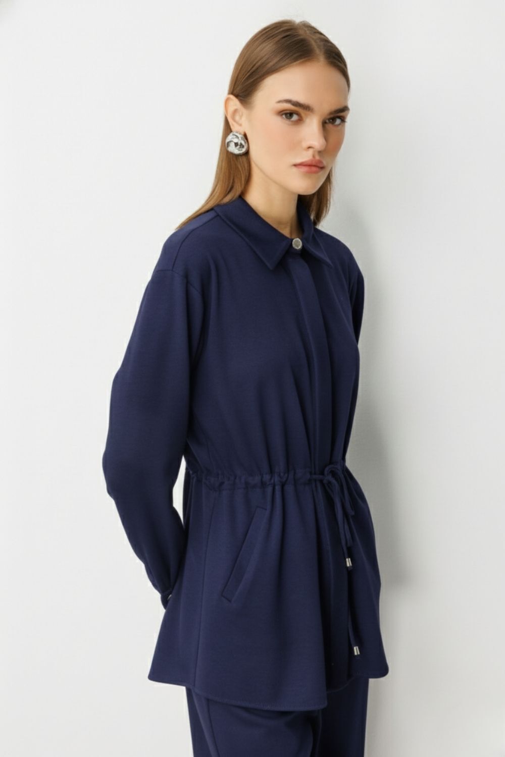 Mizalle Beli İp Büzgülü Yumuşak Dokulu İndigo Tunik - 3