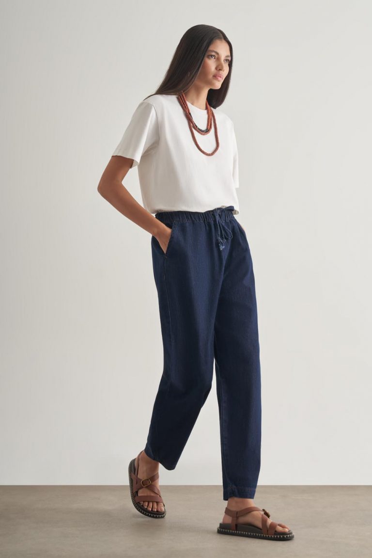 Mizalle Beli İpli Balon Fit Lacivert Denim Pantolon - Mizalle