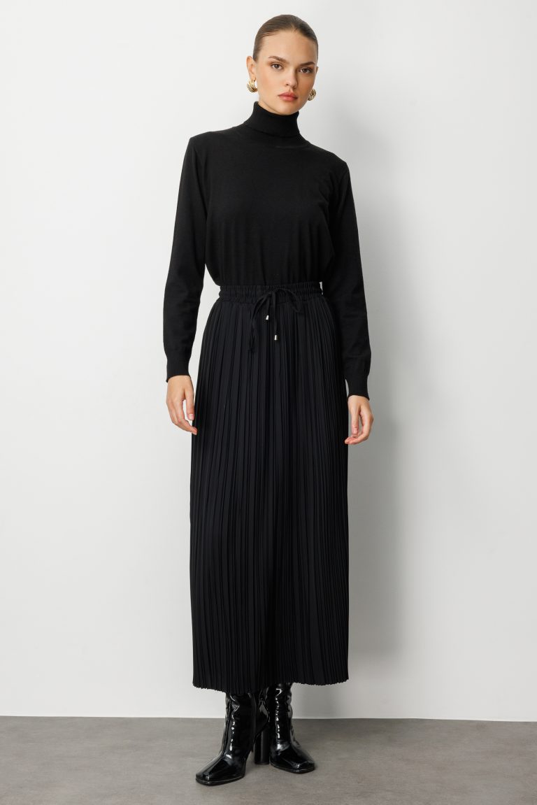 Mizalle Beli İpli İnce Piliseli Siyah Maksi Etek - Mizalle