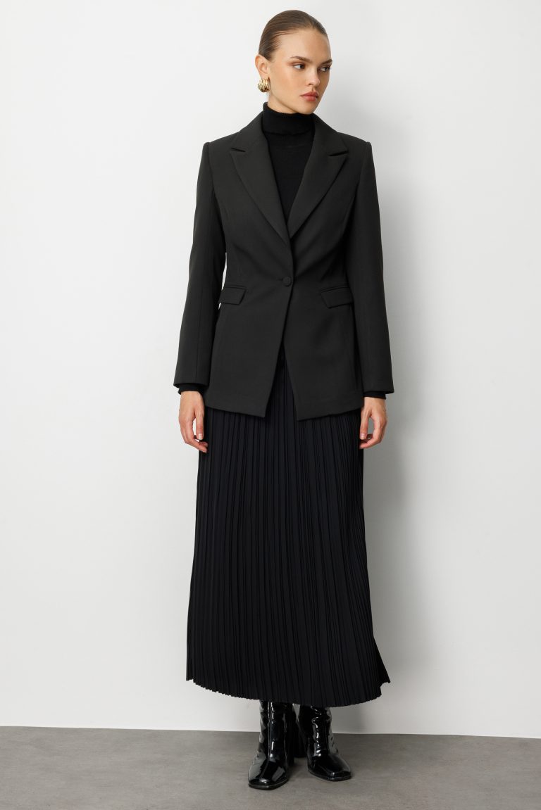 Mizalle Beli İpli İnce Piliseli Siyah Maksi Etek - Mizalle