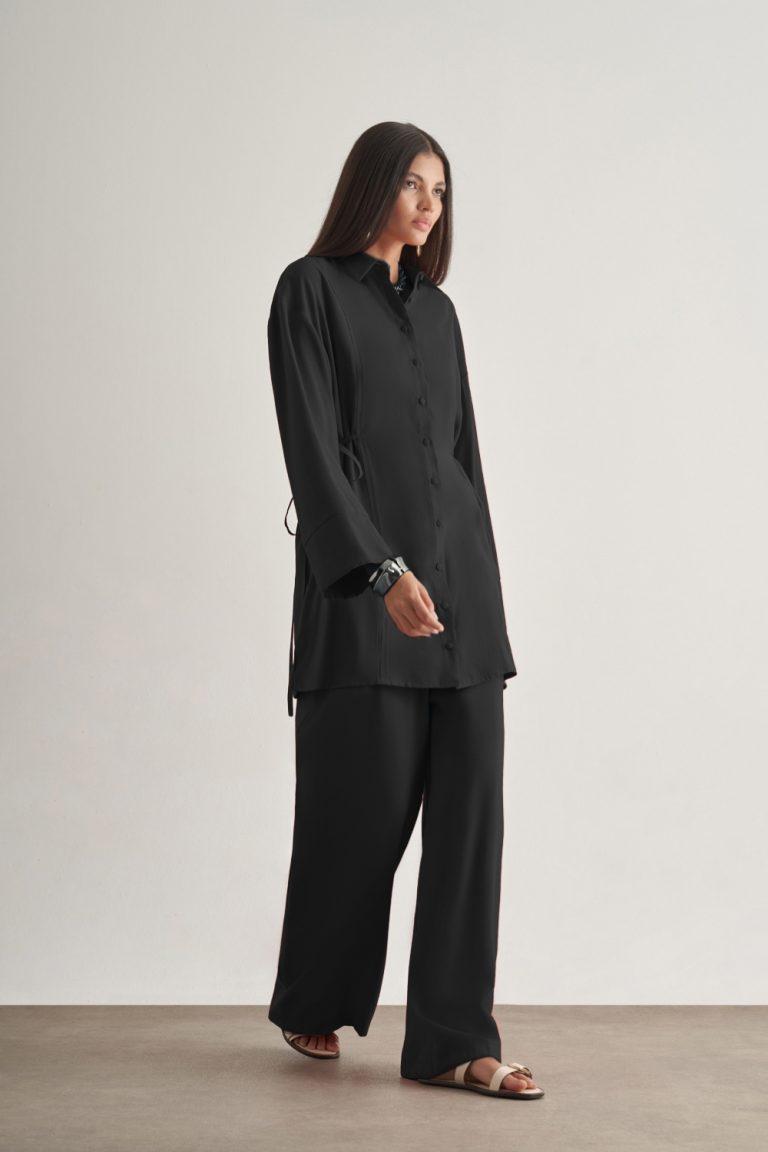 Mizalle Beli İpli Modal Karışımlı Siyah Rahat Pantolon - Mizalle