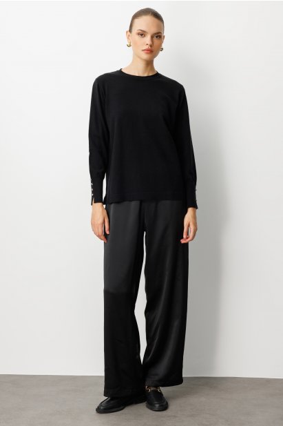 Mizalle Beli Lastikli Geniş Paça Siyah Saten Pantolon - Mizalle