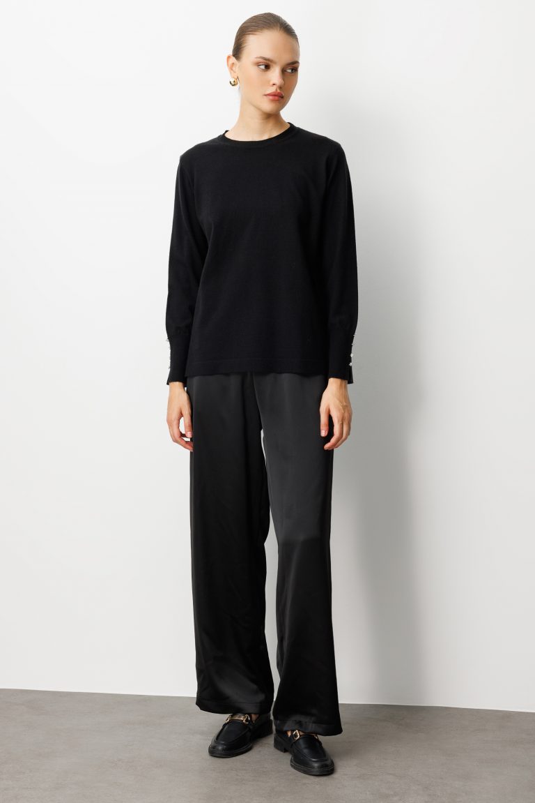 Mizalle Beli Lastikli Geniş Paça Siyah Saten Pantolon - Mizalle