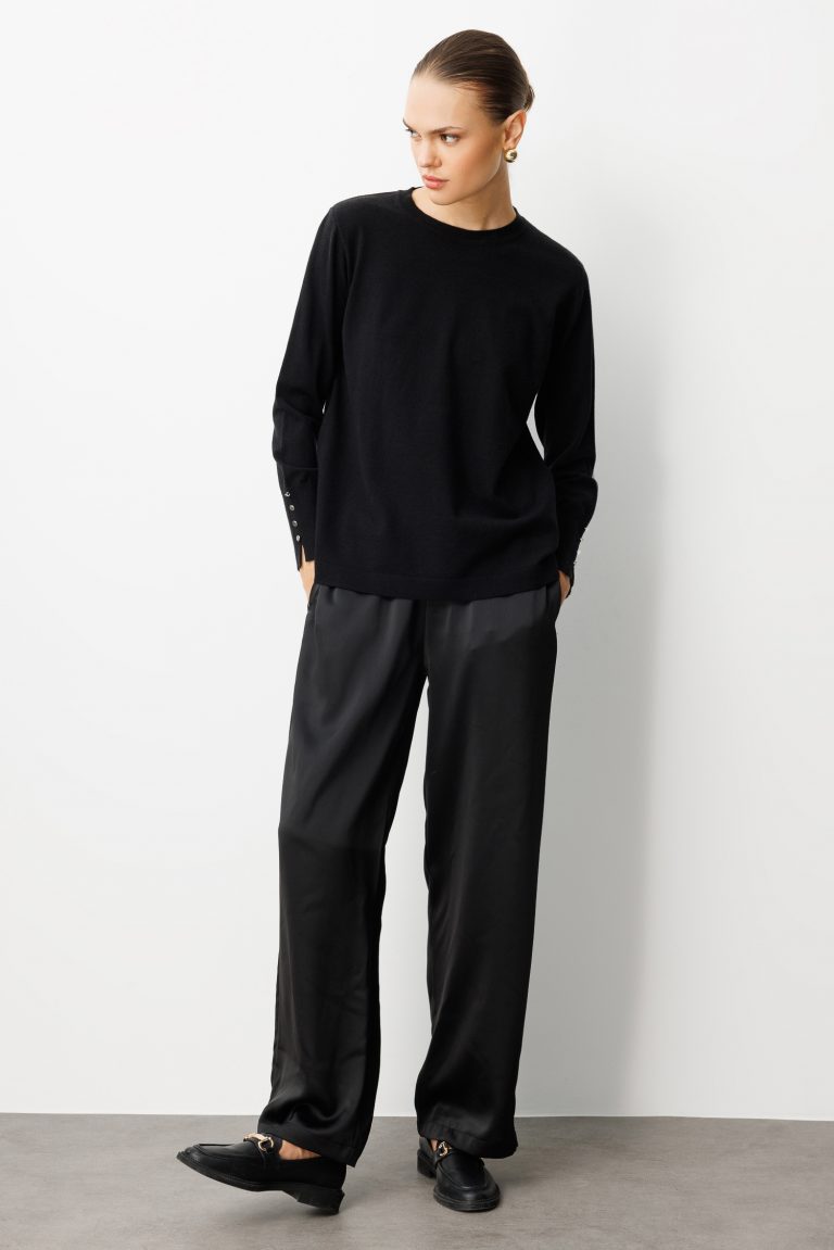 Mizalle Beli Lastikli Geniş Paça Siyah Saten Pantolon - Mizalle