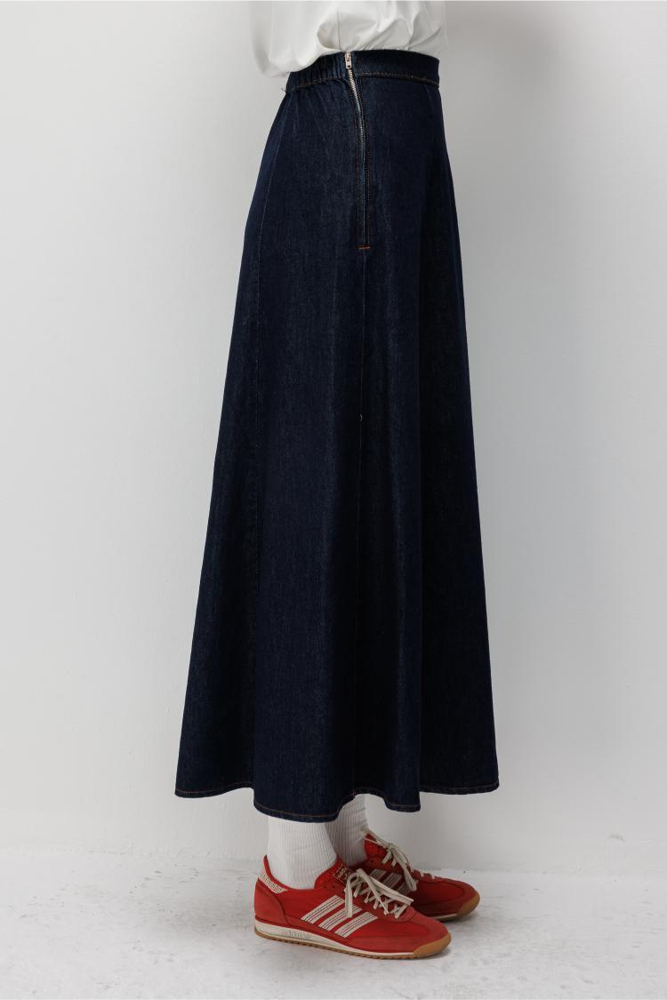 Mizalle Beli Lastikli Volan Kesim Lacivert Denim Etek - Mizalle