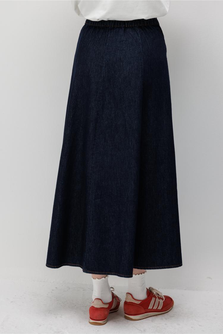 Mizalle Beli Lastikli Volan Kesim Lacivert Denim Etek - Mizalle