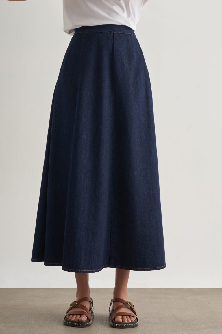 Mizalle Beli lastikli Volanlı Evaze Lacivert Maksi Denim Etek - Mizalle