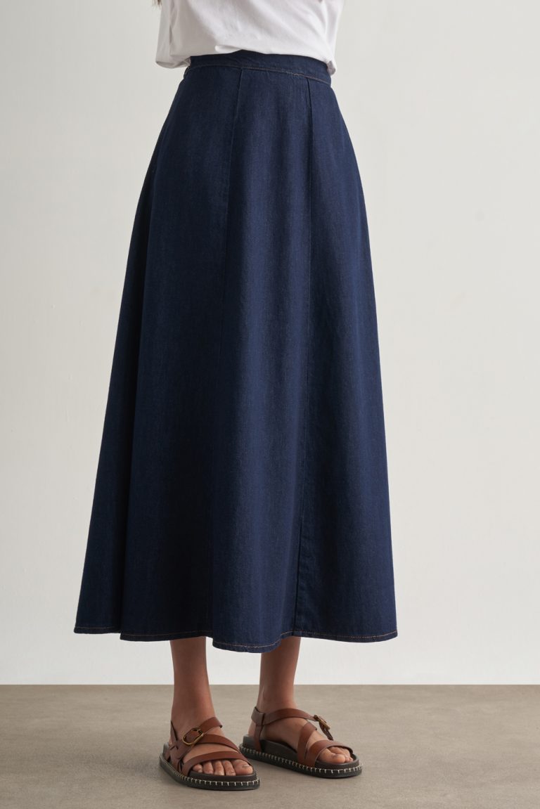 Mizalle Beli lastikli Volanlı Evaze Lacivert Maksi Denim Etek - Mizalle