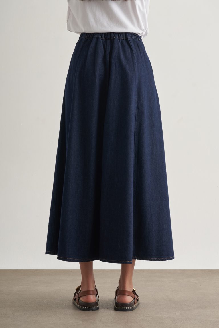 Mizalle Beli lastikli Volanlı Evaze Lacivert Maksi Denim Etek - Mizalle