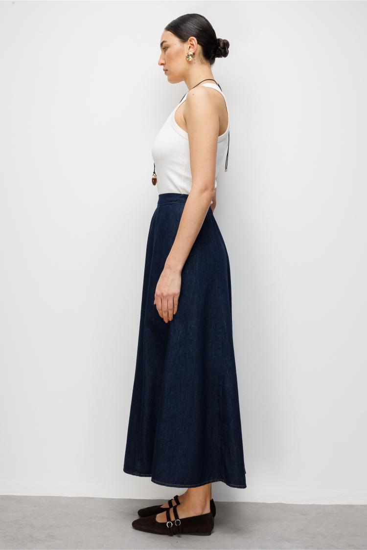 Mizalle Beli lastikli Volanlı Evaze Lacivert Maksi Denim Etek - 3