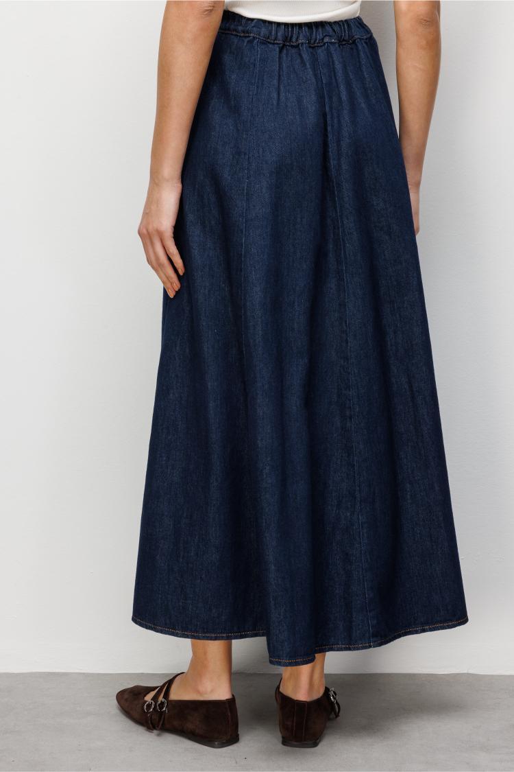 Mizalle Beli lastikli Volanlı Evaze Lacivert Maksi Denim Etek - 4