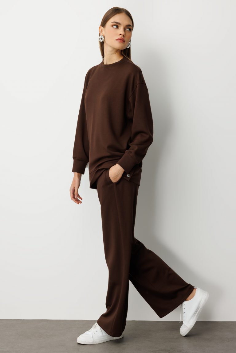 Mizalle Beli Lastikli Yumuşak Dokulu Kahverengi Jogger Panton - Mizalle