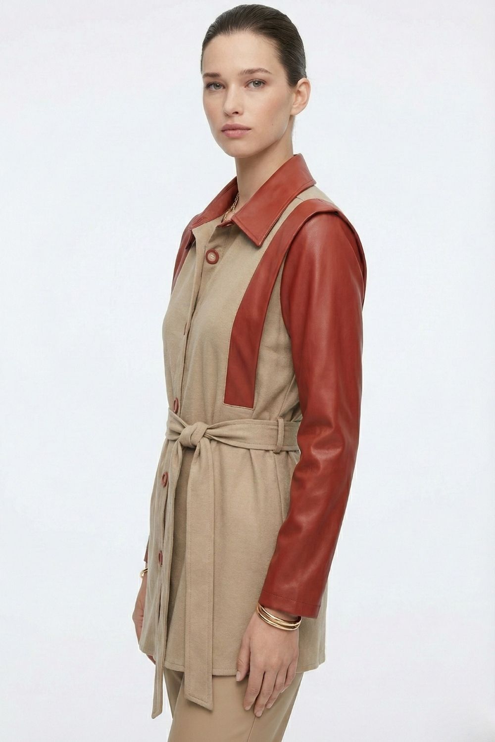 Mizalle Blok Deri Detaylı Çıt Çıtlı Bordo Bej Tunik - Mizalle
