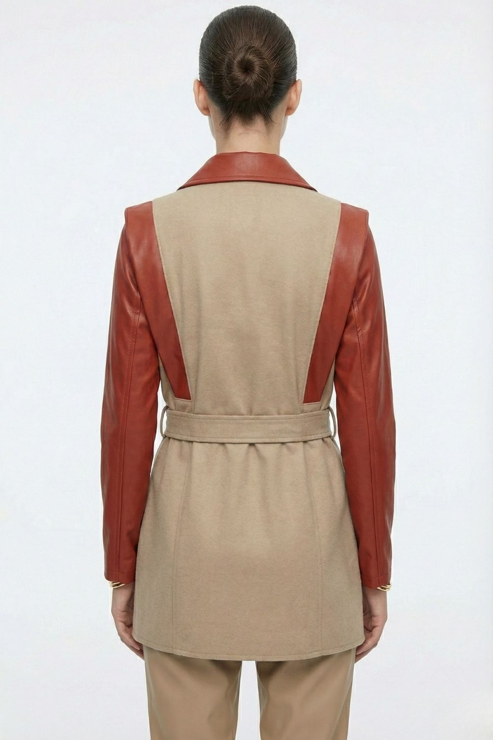 Mizalle Blok Deri Detaylı Çıt Çıtlı Bordo Bej Tunik - 3