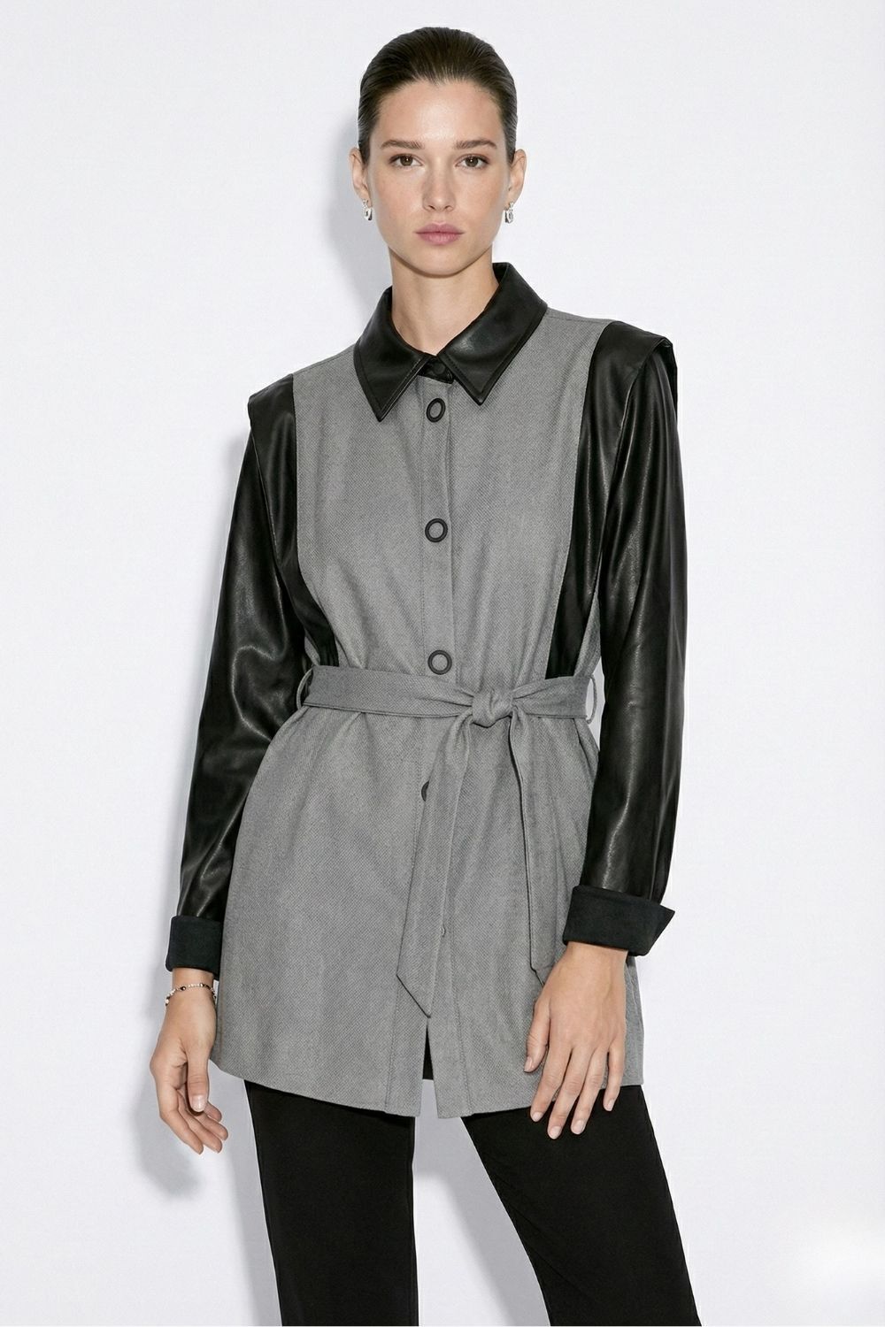 Mizalle Blok Deri Detaylı Çıt Çıtlı Siyah Gri Tunik - 2