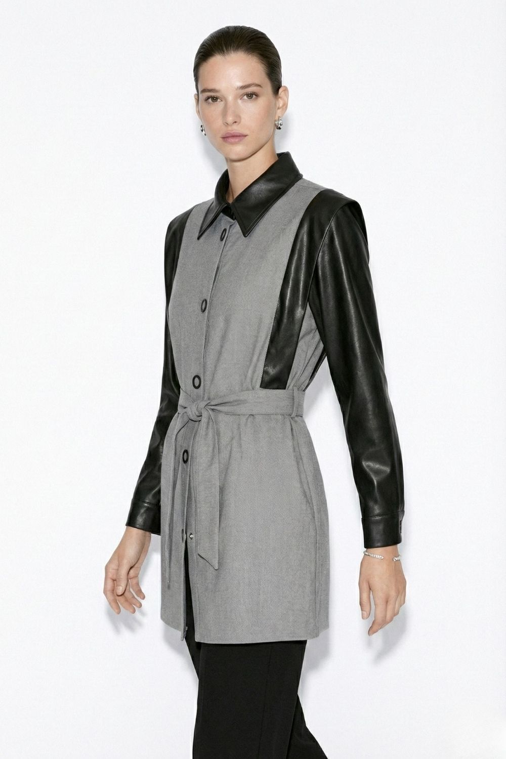 Mizalle Blok Deri Detaylı Çıt Çıtlı Siyah Gri Tunik - 1