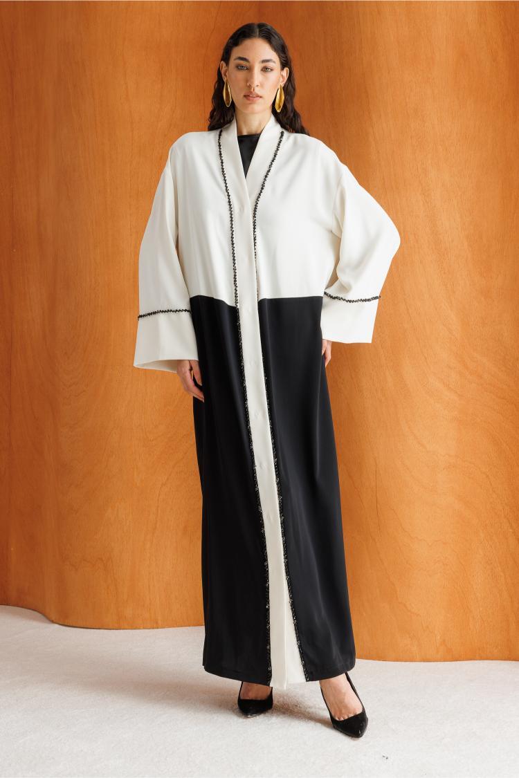 Mizalle Boncuk Nakışlı Siyah Beyaz Monokrom Abaya - 2