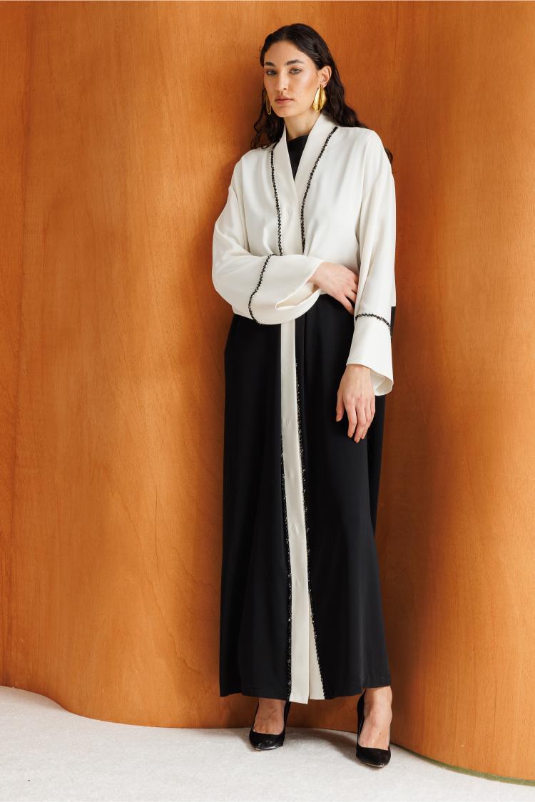 Mizalle Boncuk Nakışlı Siyah Beyaz Monokrom Abaya - 3