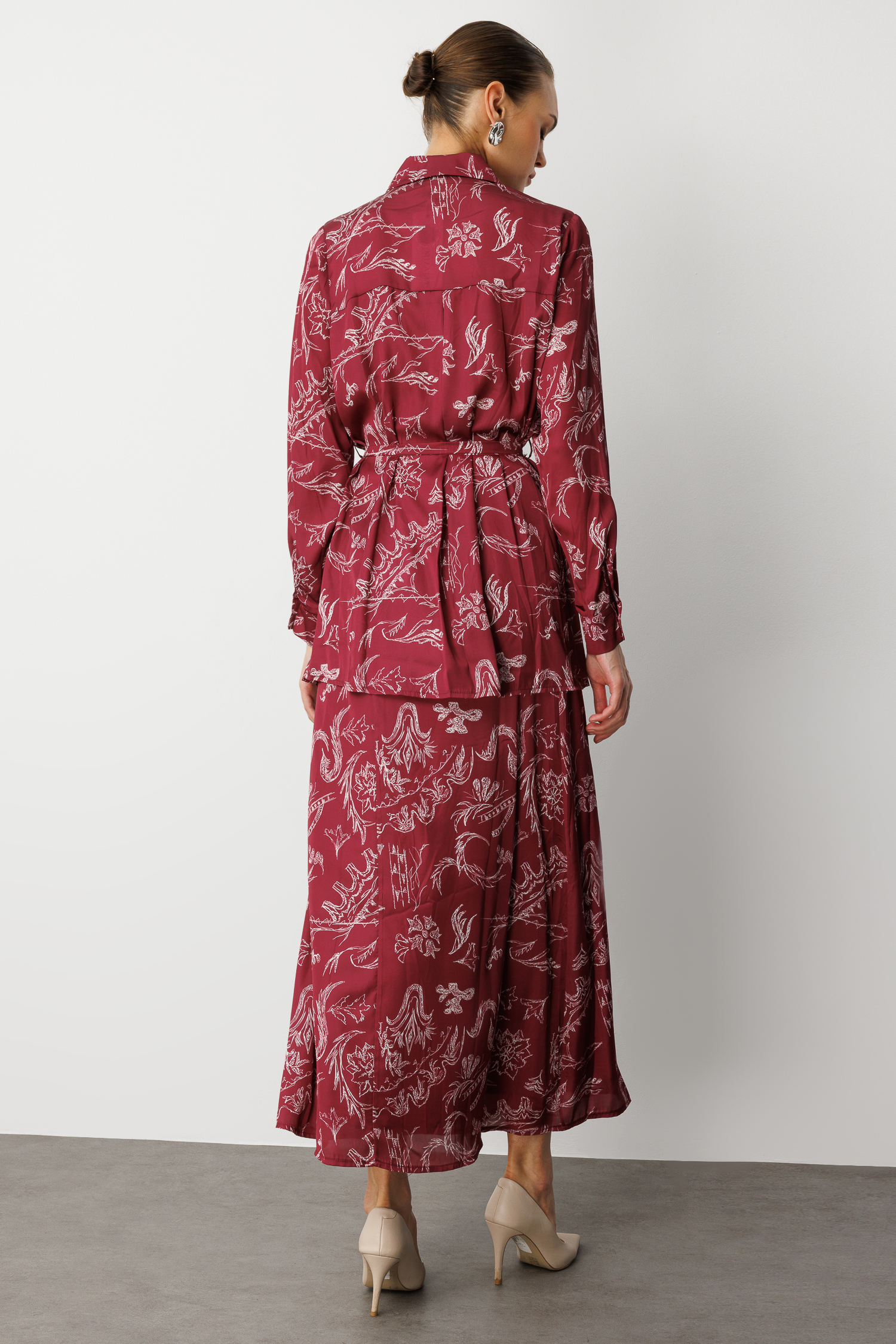 Mizalle Bordo Desenli Evaze Uzun Saten Etek - 6