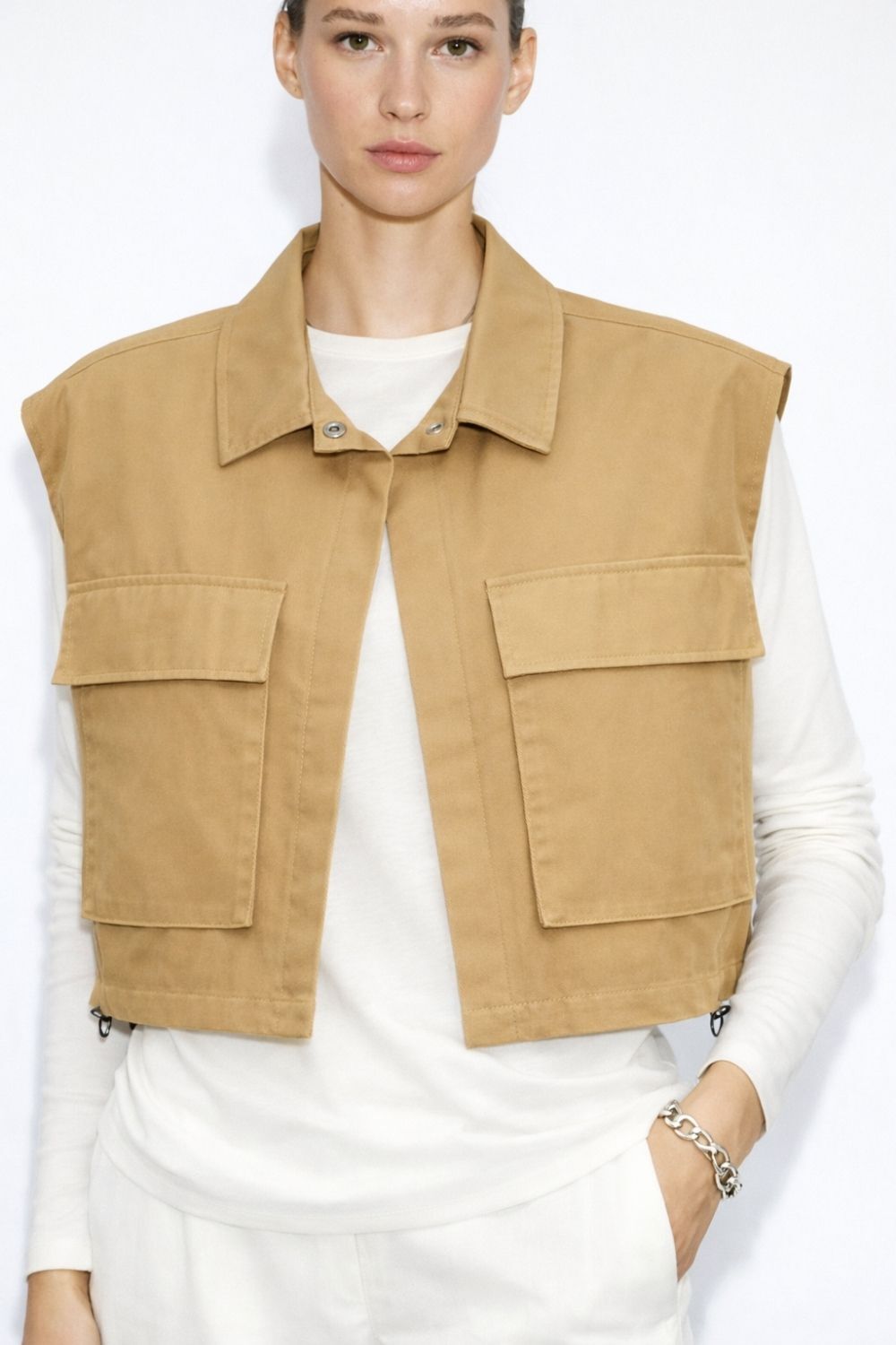 Mizalle Büyük Torba Cepli Büzgülü Camel Pamuklu Yelek - 2